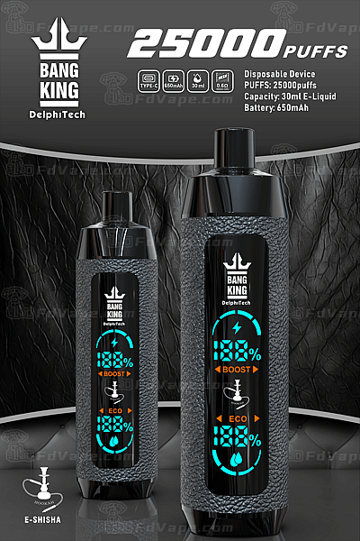 Un appareil de vapotage jetable noir et gris étiqueté « BANG KING » avec « 25 000 PUFFS », un affichage numérique indiquant le pourcentage de batterie, les modes BOOST et ECO, et les spécifications de la capacité de 30 ml d'e-liquide et de la batterie de 650 mAh.