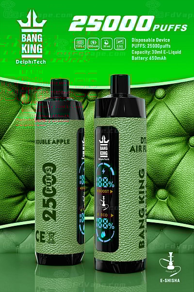 Twee groene wegwerp-vape-apparaten met het label "Bang King" met een leerachtige textuur, met "25000 PUFFS", "Double Apple"-smaak, digitale displays en een 650mAh-batterij, afgezet tegen een groene achtergrond.