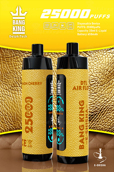 Een close-up van twee Bang King E-Shisha wegwerp-vape-apparaten met een geel leren design, digitale schermen en labels met de tekst '25000 puffs', '30 ml E-Liquid', '650 mAh-batterij' en 'DTL-luchtstroom'.
