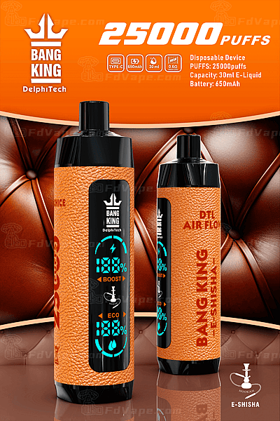 Deux chichas électroniques jetables en cuir orange avec inscription « Bang King » et affichage numérique indiquant le pourcentage de batterie et les modes boost/éco, sur fond cuir marron. Le texte met en évidence 25 000 bouffées, une capacité de e-liquide de 30 ml et une batterie de 650 mAh.