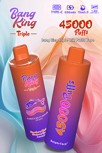 Advertentie voor Bang King Triple vape, met kenmerken als een capaciteit van 45.000 trekjes, Type-C-opladen, 650 mAh-batterij, 15 ml vloeistofcapaciteit en smaken als Strawberry Vanilla, Blueberry Raspberry en Lemon Lime.