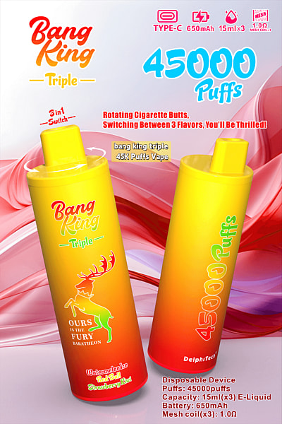 Promotional image for Bang King Triple vape, highlighting features like 45,000 puffs, Type-C charging, rotating cigarette butts for switching between three flavors, and specifications such as 650mAh battery, 15ml x3 e-liquid capacity, and 1.0Ω mesh coils; includes vibrant packaging with flavor names Watermelon Ice, Red Bull, and Strawberry Kiwi, and a stag logo with "Ours is the Fury Baratheon."
