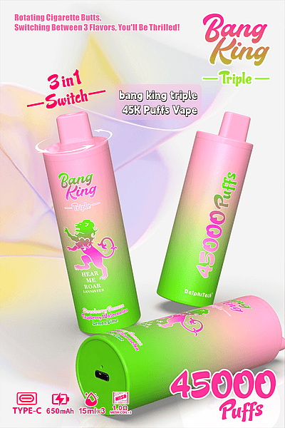 Advertentie voor Bang King Triple vape met een kleurrijk groen en roze vape-apparaat met een leeuwenafbeelding, dat 45.000 trekjes biedt, drie smaakopties en technische details, waaronder een 650mAh-batterij, TYPE-C-poort en drie 1,0Ω mesh-coils.