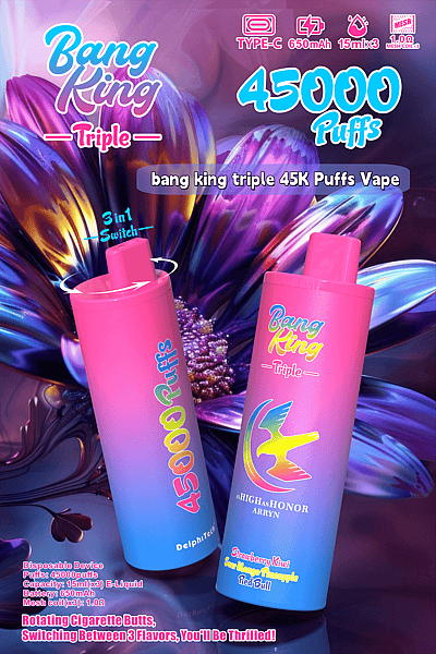 Promotiefoto van het Bang King Triple wegwerp-vape-apparaat, met een kleurrijk ontwerp met kleurverloop, specificaties zoals 45.000 trekjes met een 650mAh-batterij en functies zoals het wisselen van smaak voor meerdere opties, tegen een levendige, abstracte achtergrond.