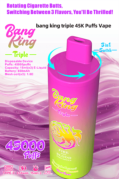 Promotiefoto voor de Bang King Triple 45K Puffs Vape, een wegwerp-vapeapparaat met 45.000 trekjes in drie smaken, met een kleurrijk roze-groen verloopontwerp en technische specificaties, waaronder een 650 mAh-batterij en een e-liquidcapaciteit van 15 ml per smaak.