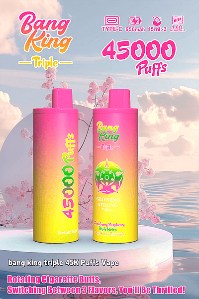 Promotiefoto van Bang King Triple vape-apparaten met felle roze, gele en oranje kleurverlopen, met tekst die de capaciteit van 45.000 trekjes, Type-C-oplaadpoort en verschillende smaken benadrukt.