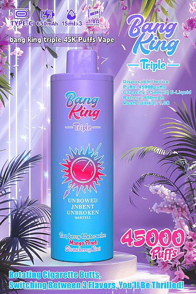 Promotiefoto van de Bang King Triple Vape met 45.000 trekjes, een batterijcapaciteit van 650 mAh, een vloeistofcartridge van 15 ml en smaken zoals framboos-watermeloen, mango-perzik en aardbei-kiwi; omgeven door paarse tinten en bloemige accenten.