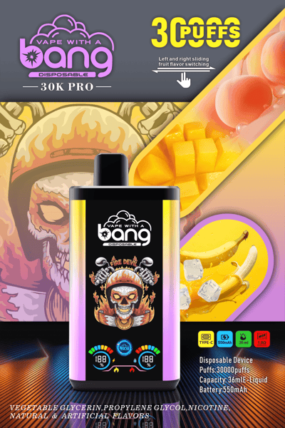 Vape With a Bang 30K Pro disposable device, 30,000 puffs, features fruit flavor switching, Fire Devil design, 36mL liquid capacity, 550mAh battery, and contains vegetable glycerin, propylene glycol, nicotine, natural & artificial flavors.