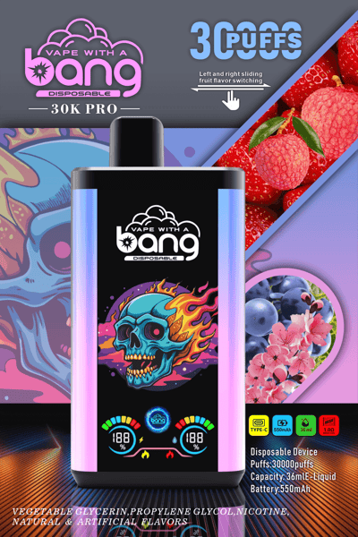 Promotional image of a "Vape with a Bang 30K Pro" disposable vape device, featuring a colorful design with a flaming skull. Highlighted features include 30,000 puffs, left and right sliding fruit flavor switching, 36ml e-liquid capacity, Type-C charging port, 550mAh battery, and ingredients like vegetable glycerin, propylene glycol, nicotine, and natural & artificial flavors.