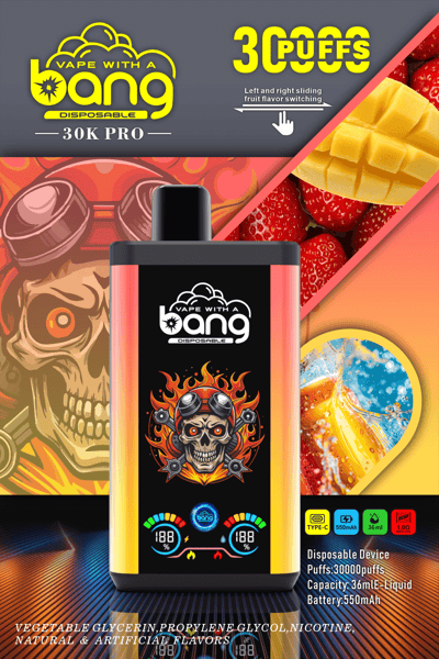 "Vape with a Bang" 30K Pro disposable vape device packaging displaying 30,000 puffs, fruit flavor switching, skull design, 550mAh battery, and 36mL e-liquid capacity.