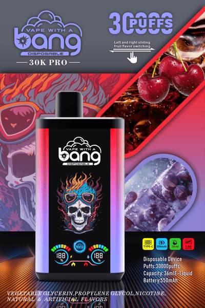 "Vape with a Bang 30K Pro disposable device with skull design, 30,000 puffs, adjustable fruit flavor, 36mL liquid capacity, 550mAh battery, Type-C charging, displaying cherry and grape flavors."