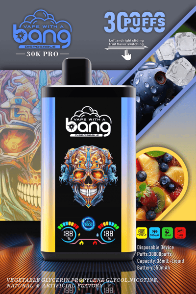 Vape device advertisement featuring a colorful, artistic skull design, boasting "Vape with a Bang 30K Pro," 30000 puffs, flavor switching, and specs including 36mL liquid capacity and 550mAh battery.