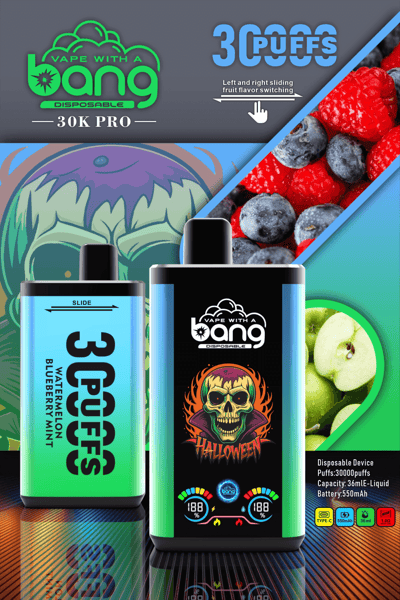 "Vape With A Bang 30K Pro disposable vape device featuring 30,000 puffs, left and right sliding fruit flavor switching, and Halloween-themed design with a skull. Displayed flavors include watermelon, blueberry mint, and apples. The device has a 550mAh battery, 36mL e-liquid capacity, and Type-C charging."