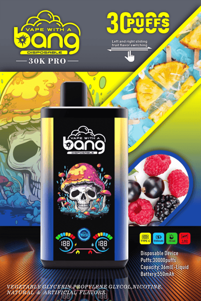 Vape device packaging showing 30,000 puffs, fruity flavor options, and a colorful skull design, with details about battery capacity (550mAh), liquid (36mL), and nicotine content.