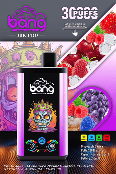 Vape device packaging featuring "Vape with a Bang 30K Pro Disposable" with 30,000 puffs, sliding fruit flavor options, 550mAh battery, and 36mL e-liquid capacity. Includes vibrant fruit images and a colorful skull design.