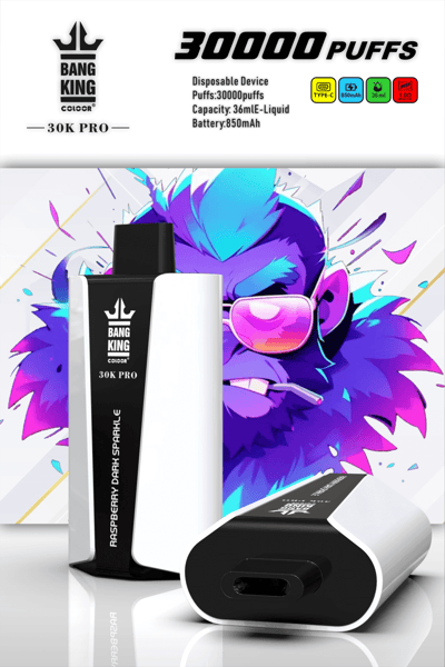 Einweg-Vaping-Gerät Bang King 30K Pro mit der Aufschrift „Raspberry Dark Sparkle“, mit 30.000 Zügen, 36 ml E-Liquid-Kapazität, 850 mAh-Akku, Typ-C-Anschluss und einer bunten Grafik im Hintergrund.