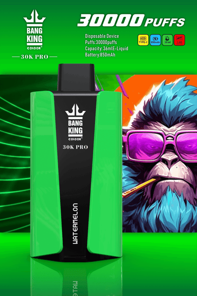 Einweg-Vaping-Gerät Bang King 30K Pro in Grün, mit 30.000 Zügen, 36 ml E-Liquid-Kapazität, 850 mAh-Akku und Wassermelonengeschmack.