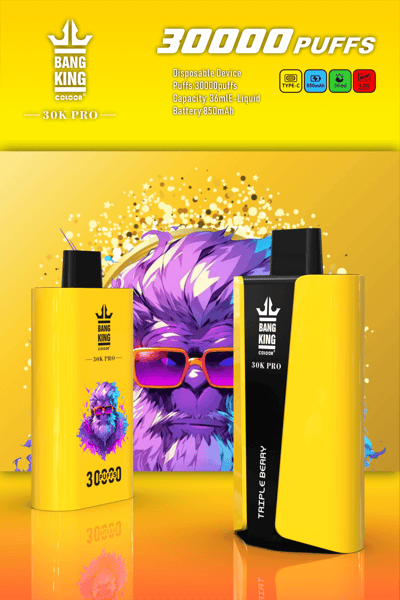 Werbung für den Einweg-Verdampfer Bang King 30K Pro, der 30.000 Züge mit 36 ml E-Liquid-Kapazität, 850 mAh-Akku und Aufladen über Typ C verspricht. Mit auffälligen Grafiken, darunter eine farbenfrohe Figur und der Geschmacksrichtung „Triple Berry“.