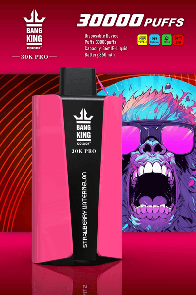 Bang King 30K Pro Einweg-Vaping-Gerät mit 30.000 Zügen, Erdbeer-Wassermelonen-Geschmack, 36 ml E-Liquid-Kapazität und 850 mAh-Akku.