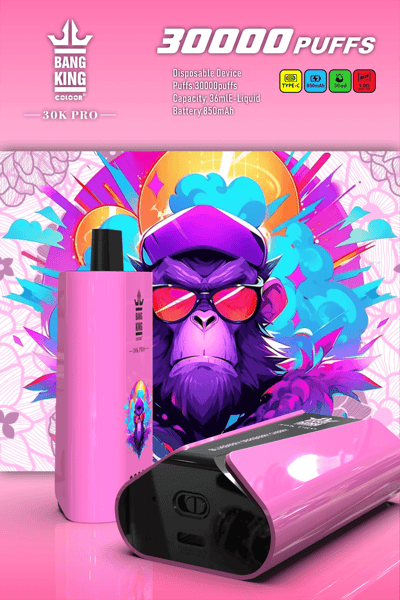 Werbebild für ein Bang King Color 30K Pro Einweg-Vape-Gerät mit 30.000 Zügen, 36 ml Flüssigkeitskapazität, 850 mAh-Akku und Ladeanschluss Typ C. Mit farbenfrohen Hintergründen und einer Grafik eines Gorillas mit Sonnenbrille und Mütze.