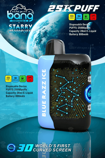 "Vape with a Bang" Starry disposable device advertisement, featuring a blue and black vape with 25,000 puff capacity, 28ml e-liquid, 800mAh battery, and a 3D curved screen design.