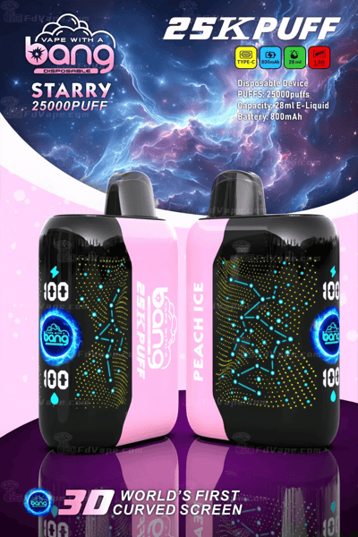 Promotional image of the Bang Starry disposable vape device featuring 25,000 puffs, a 28ml e-liquid capacity, an 800mAh battery, and a 3D curved screen design.