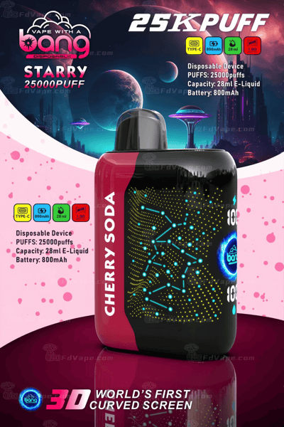 Image of a cherry soda flavored disposable vape device with 25,000 puffs, 28ml e-liquid capacity, and 800mAh battery, featuring a 3D curved screen design.