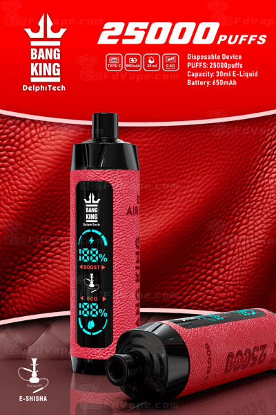 Disposable vape device labeled "Bang King" with red textured design, 25000 puffs, 650mAh battery, 30ml e-liquid capacity, and digital display features for boost and eco modes.