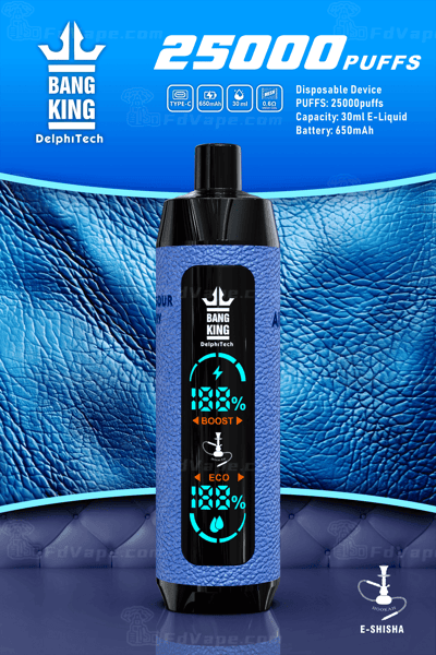 A blue, textured disposable vape device with a digital display showing battery life and settings, set against a blue leather background.