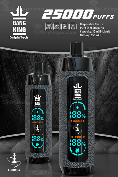 A black and gray disposable vape device labeled "BANG KING" with "25000 PUFFS," a digital display showing battery percentage, BOOST and ECO modes, and specifications of 30ml E-liquid capacity and 650mAh battery.