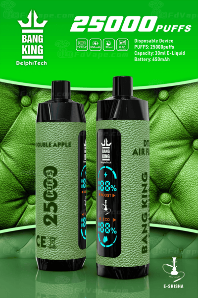 Two green disposable vape devices labeled "Bang King" with a leather-like texture, featuring "25000 PUFFS," "Double Apple" flavor, digital displays, and a 650mAh battery, set against a green textured background.