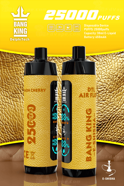 A close-up of two Bang King E-Shisha disposable vape devices with a yellow leather-textured design, digital screens, and labels highlighting "25000 puffs," "30ml E-Liquid," "650mAh battery," and "DTL airflow."