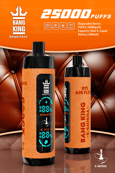 Two orange leather-textured disposable e-shisha devices labeled "Bang King" with a digital display, showing battery percentage and boost/eco modes, against a brown leather background. Text highlights 25,000 puffs, 30ml e-liquid capacity, and a 650mAh battery.