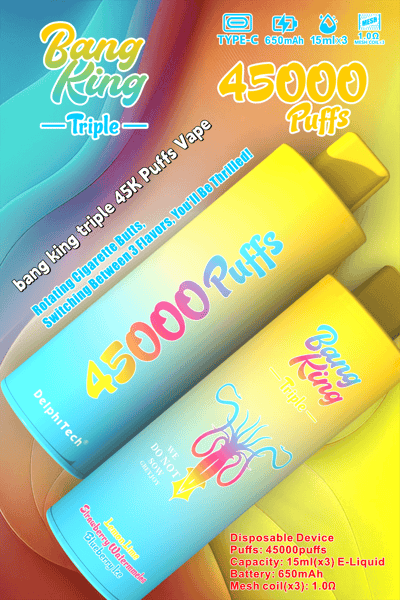 Kolorowa grafika promocyjna urządzenia do waporyzacji Bang King Triple 45K Puffs, zawierająca szczegółowe dane techniczne, takie jak pojemność baterii, objętość e-liquidu i smaki.