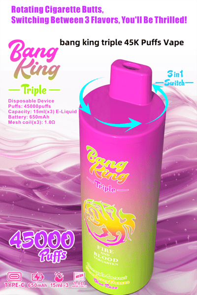 Zdjęcie promocyjne Bang King Triple 45K Puffs Vape, jednorazowego urządzenia do waporyzacji oferującego 45 000 zaciągnięć w trzech smakach, z kolorowym, gradientowym wzorem przechodzącym od różowego do zielonego. Urządzenie ma takie dane techniczne, jak bateria o pojemności 650 mAh i pojemność 15 ml e-liquidu na każdy smak.