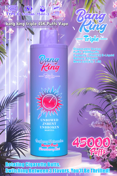 Grafika promocyjna prezentująca Bang King Triple Vape z 45 000 zaciągnięć, baterią o pojemności 650 mAh, wkładem z płynem o pojemności 15 ml oraz smakami takimi jak malina-arbuz, mango-brzoskwinia i truskawka-kiwi; wszystko otoczone fioletowymi odcieniami i kwiatowymi akcentami.
