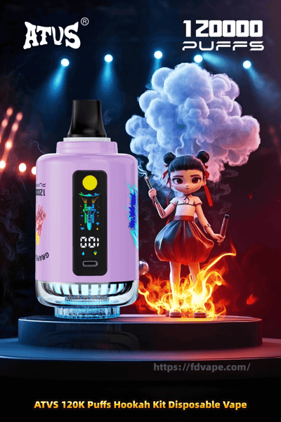 Werbebild, das ein pastellviolettes ATVS-Einweg-Vape-Gerät mit Digitalanzeige und farbenfrohen Grafiken auf einem beleuchteten Sockel neben einer stilisierten, animeähnlichen Mädchenfigur inmitten von Rauch und Flammen zeigt, mit dem Markenlogo und dem Text '120.000 Züge' im Hintergrund.