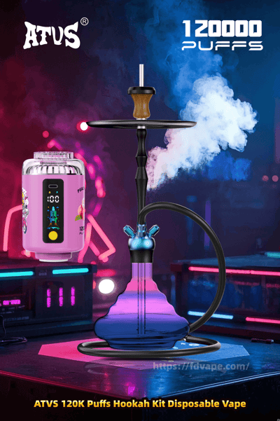 Neonbeleuchtete Werbung, die eine blau-violette Wasserpfeife aus Glas mit schwarzem Schlauch und Holzkopf neben einem rosa zylindrischen Einweg-Vaporizer zeigt, mit dem ATVS-Logo und dem Text '120000 Züge' vor einem rauchigen Nachtclub-Hintergrund.