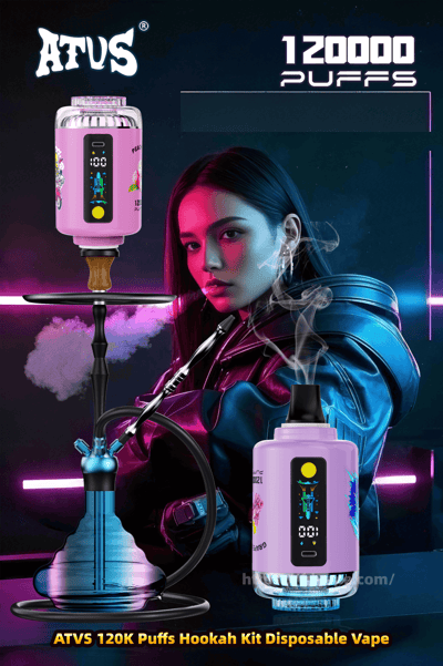 Werbung im Cyberpunk-Stil, die ein lilafarbenes ATVS-Einweg-Shisha-Dampfgerät mit digitalem Display und floralen Grafiken neben einem Shisha-Sockel aus blauem Glas und einem schwarzen Schlauch zeigt, umgeben von treibendem Rauch und neonpinker und blauer Beleuchtung mit fettem Text, der für 120.000 Züge wirbt.