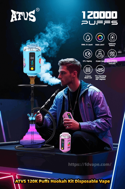 Neonbeleuchtete Werbung für den ATVS 120K Puffs Einweg-Verdampfer im Shisha-Stil mit einer sitzenden Person, die einen rosafarbenen Verdampfer in Dosenform neben einem leuchtend violetten Shisha-Sockel hält, der eine große blaue Dampfwolke ausstößt, mit Produktbildern, Funktionssymbolen und fettem “120000 PUFFS”-Text auf einem dunklen, futuristischen Hintergrund.