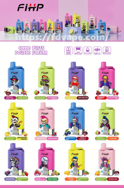 Display of brightly colored FiHP disposable vape devices with cartoon character artwork and labeled fruit and iced flavor varieties, arranged against a pink backdrop with icons advertising 40,000 puffs, double flavor, dual mesh coil, 36 ml volume, Type-C charging and 850 mAh battery.