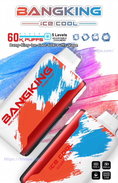 Promotional image showing two BangKing Ice Cool disposable vape devices with red-and-blue paint-splash housings, large text advertising 60K puffs and five-level adjustable coolness with ice-cube icons, and small feature icons for Type‑C charging, 850mAh battery, 25ml e-liquid and 1.0Ω coil.