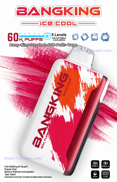 Sleek white-and-red BangKing 'Ice Cool' disposable vape device angled across a pink brush-stroke background with bold branding, '60K puffs' and '5 levels adjustable coolness' text, ice-cube icons, and small Type-C/850mAh/25ml feature icons.