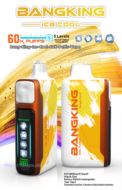 Advertising poster featuring two white-and-orange BangKing Ice Cool disposable vape devices with a front digital display showing ice icons, bold text reading '60K puffs' and '5 levels adjustable coolness', set against a yellow-orange paint-stroke background.