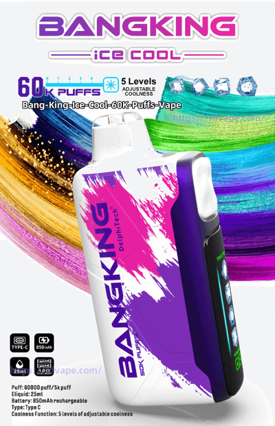 White and purple Bangking Ice Cool disposable vape device labeled '60K puffs' with icons for five adjustable cooling levels and a colorful brushstroke background with ice cube illustrations