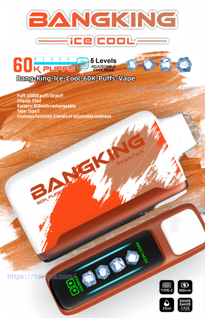 Advertising image for the BangKing “Ice Cool” vape showing a white-and-orange device with brush-stroke branding, a separate control panel displaying four ice-cube icons and a digital power readout, prominent “60K puffs” and “5 levels adjustable coolness” text, and small icons for Type‑C charging, 850mAh battery and 25ml e-liquid.