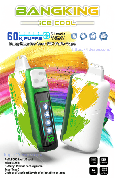 Advertisement showing two green-and-white Bangking Ice Cool vape devices with a vertical digital display showing ice-cube icons, set against a colorful brush‑stroke background and text highlighting "60K puffs" and "5 levels adjustable coolness".