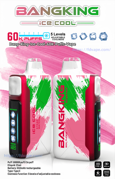 Advertising image of two Bangking Ice Cool vape devices (front and back) with white bodies and pink-green brush-stroke graphics, a side display showing five adjustable ice-coolness levels, and text highlighting 60K puffs, 25 ml e-liquid, Type‑C charging and an 850 mAh rechargeable battery against a white background with a pink paint swash and the brand logo.