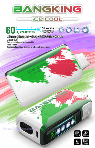 Promotional poster for BANGKING Ice Cool vape showing two white handheld devices with green-and-red paint-splash watermelon styling, a digital display and Type-C port, plus text and icons claiming 60K puffs, 5 levels of adjustable coolness with ice-cube graphics, 25ml e-liquid and an 850mAh rechargeable battery.