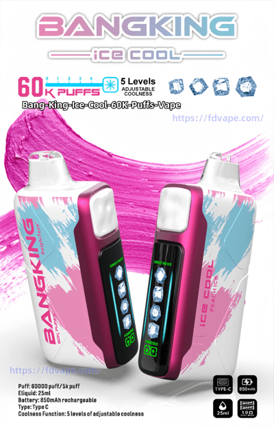 Promotional poster showing two pink-and-white BangKing "Ice Cool" vape devices with digital ice-cube coolness indicators, prominent text stating 60K puffs and 5 levels of adjustable coolness, battery/Type-C/25ml icons and a bold pink paint-swipe background.